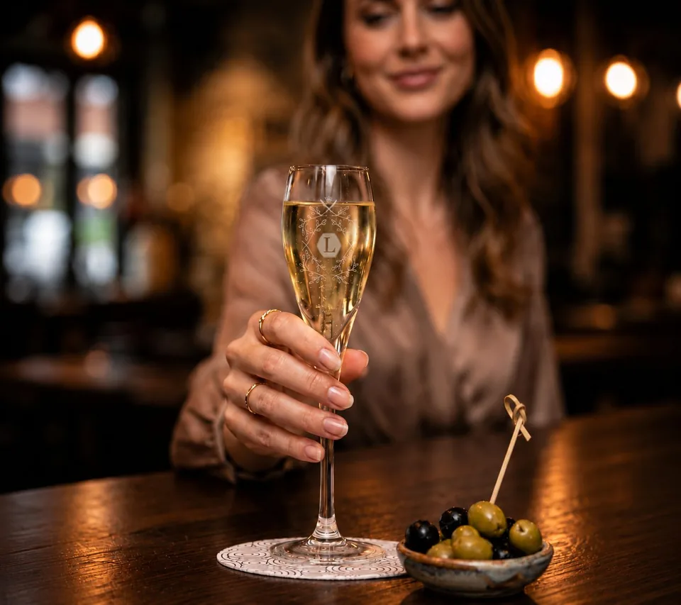 Glas bubbels met zicht op zee